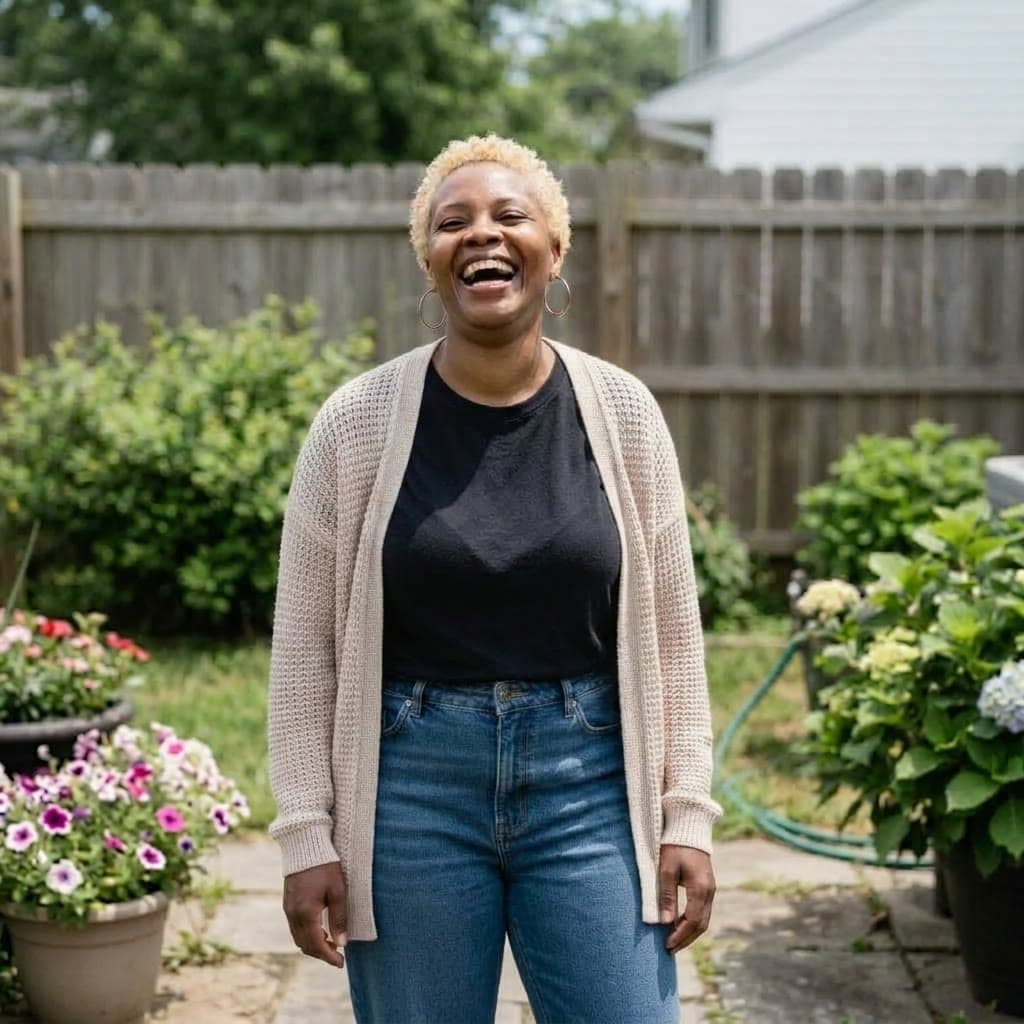 A woman laughing in her backyard garden