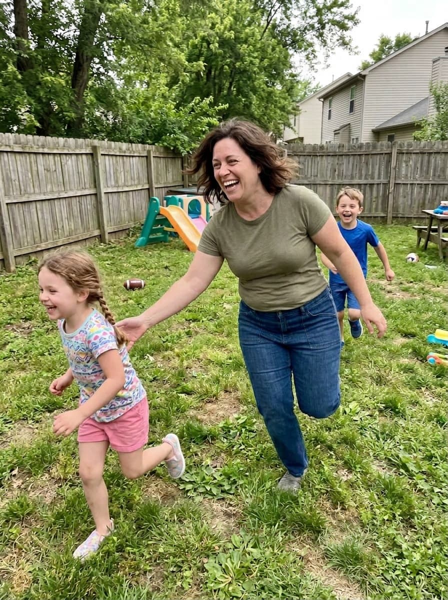A woman laughing while chasing her kids around the backyard
