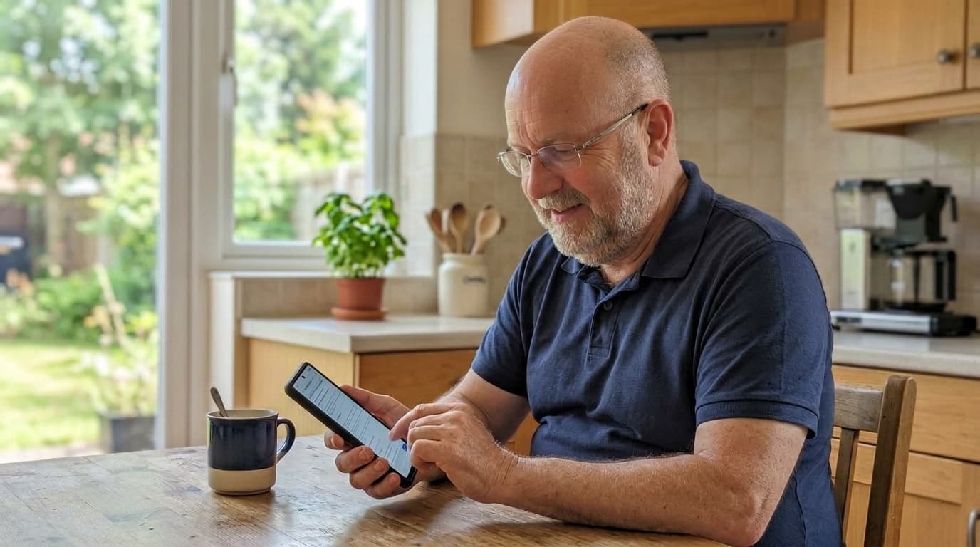 A man at his kitchen table completing the online assessment on his phone