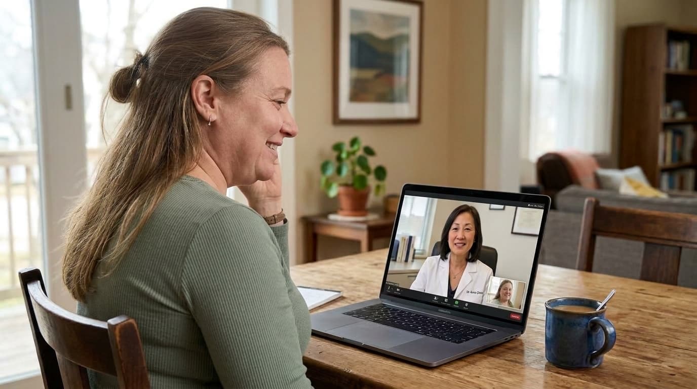 A woman at her dining table on a laptop telehealth visit, her provider visible on screen
