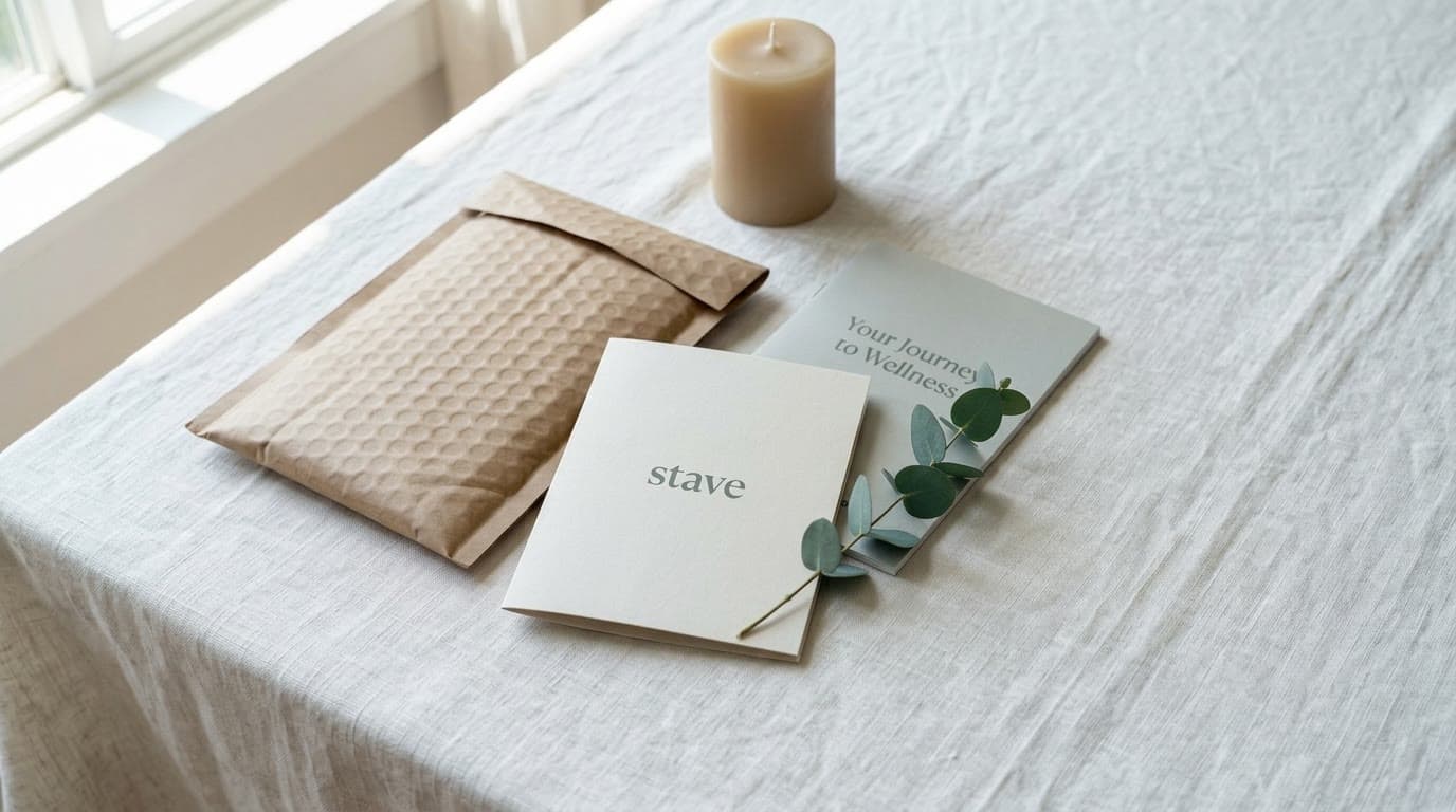 A plain padded mailer on a table with StaveMD welcome materials