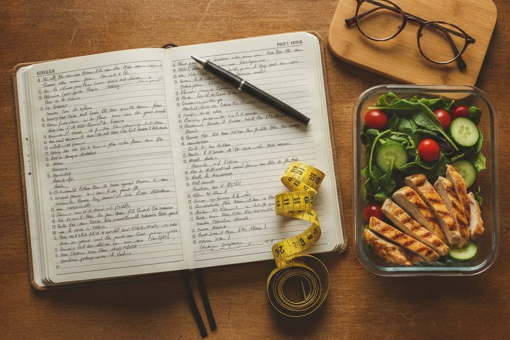 A well-used food journal, tape measure, and meal-prep container on a table