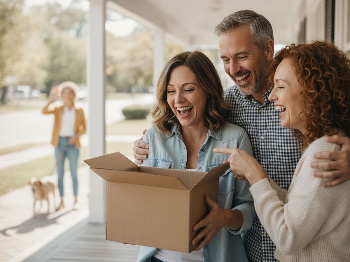 Friends laughing on a front porch as one opens a plain brown package