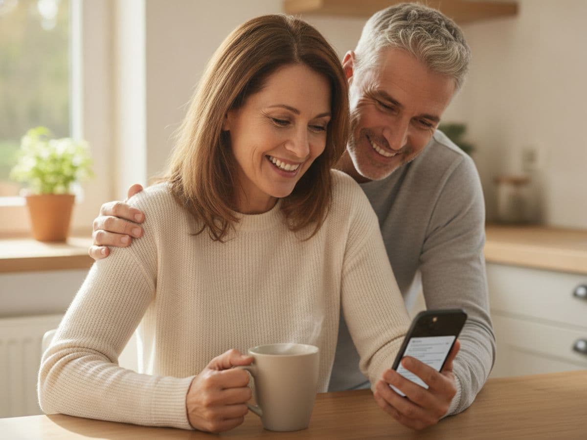 A smiling couple at their kitchen table filling out a health questionnaire on a phone