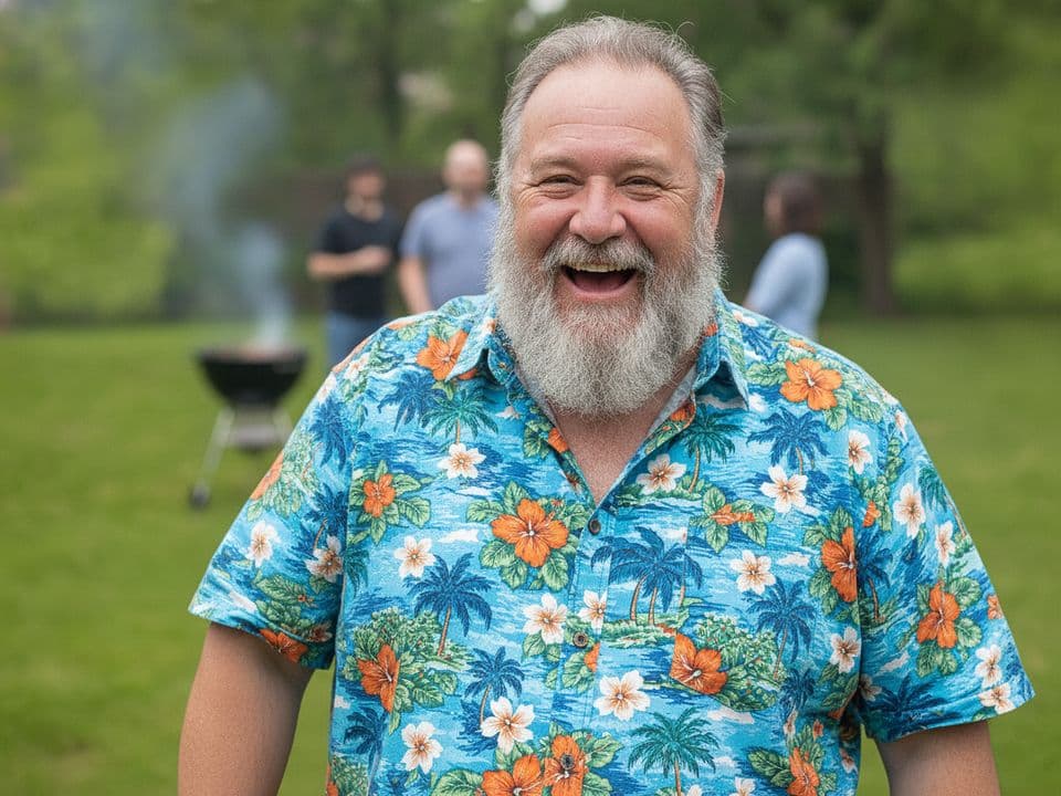 A bearded man in a Hawaiian shirt laughing at a backyard cookout
