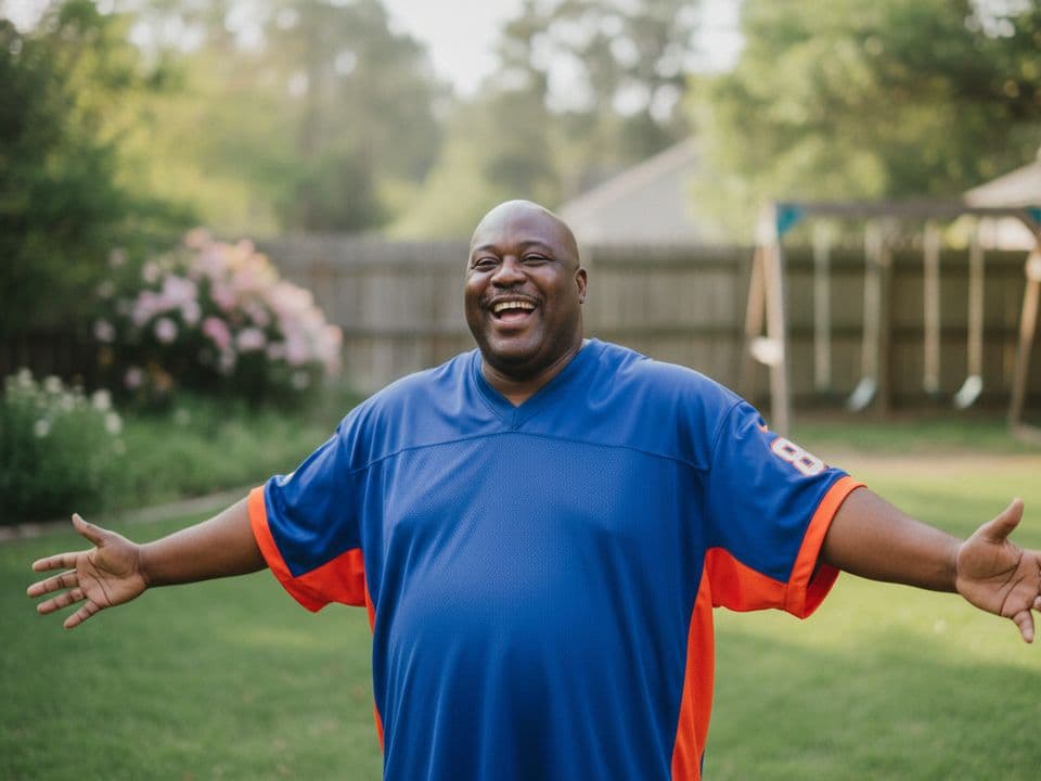 A man in a team jersey laughing with his arms spread wide in a backyard