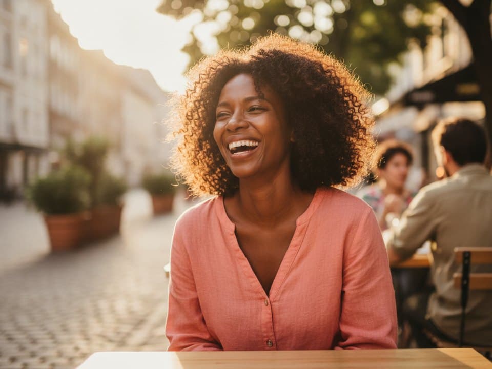 A woman in a coral linen top laughing at a sunny sidewalk cafe