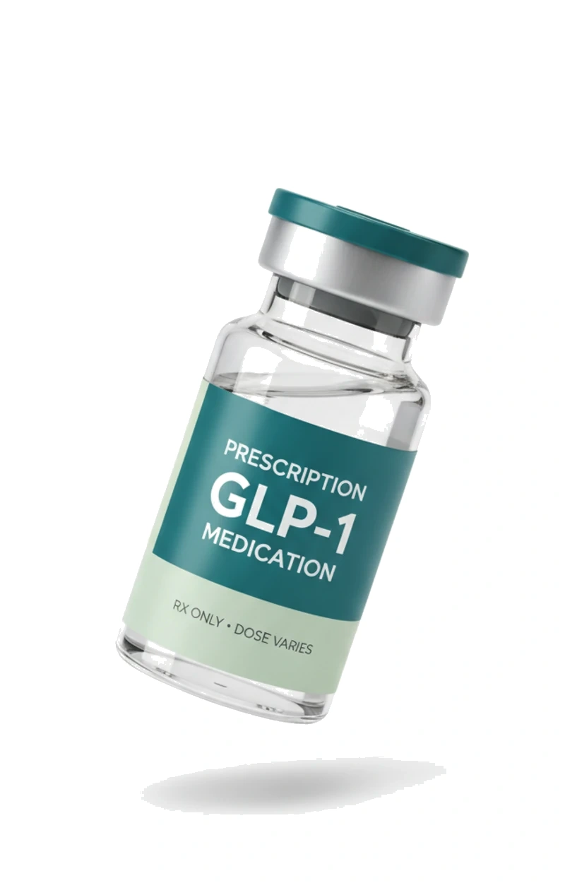 A rendered prescription GLP-1 medication vial with a teal label, tilted and floating