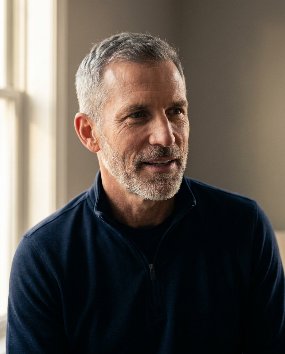 Man around fifty, gray hair and trimmed gray beard, navy quarter-zip, mid-conversation