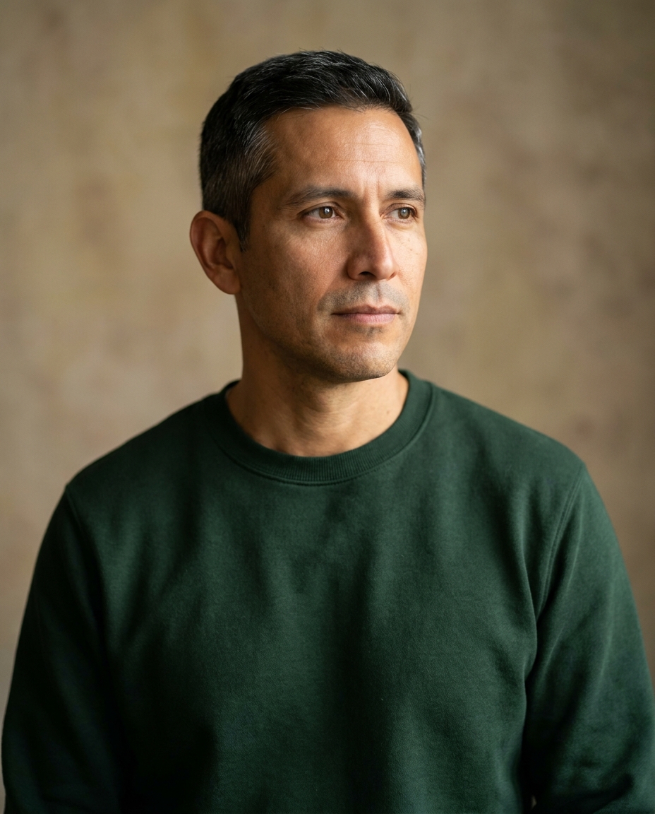 Man in his mid-forties with gray at the temples, forest-green crewneck, thoughtful neutral expression